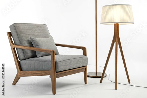 Modern Gray Armchair with Wooden Frame and Floor Lamp on White Background