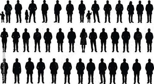 Silhouette vector illustration of diverse people standing, men women and children, black human figures for crowd design, community, society concepts
