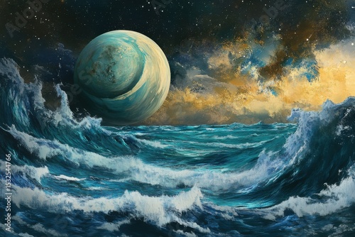 Cosmic waves crash against a distant planet under a starry sky full of vibrant colors and surreal beauty