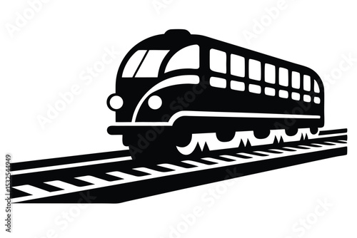 Black and White Graphic Illustration of a Classic Train on Railroad Tracks