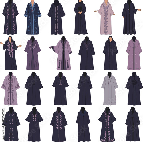 Islamic clothing vector set – elegant long gowns, beautiful and unique Arabic dresses for women, traditional modest wear, abaya fashion, Middle Eastern style, cultural attire for Muslim ladies.