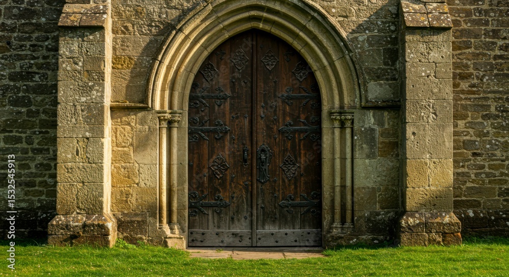 Fototapeta premium Ornate wooden doors in arched stone entryway, sunlight illuminating the scene. Grass is visible at the base