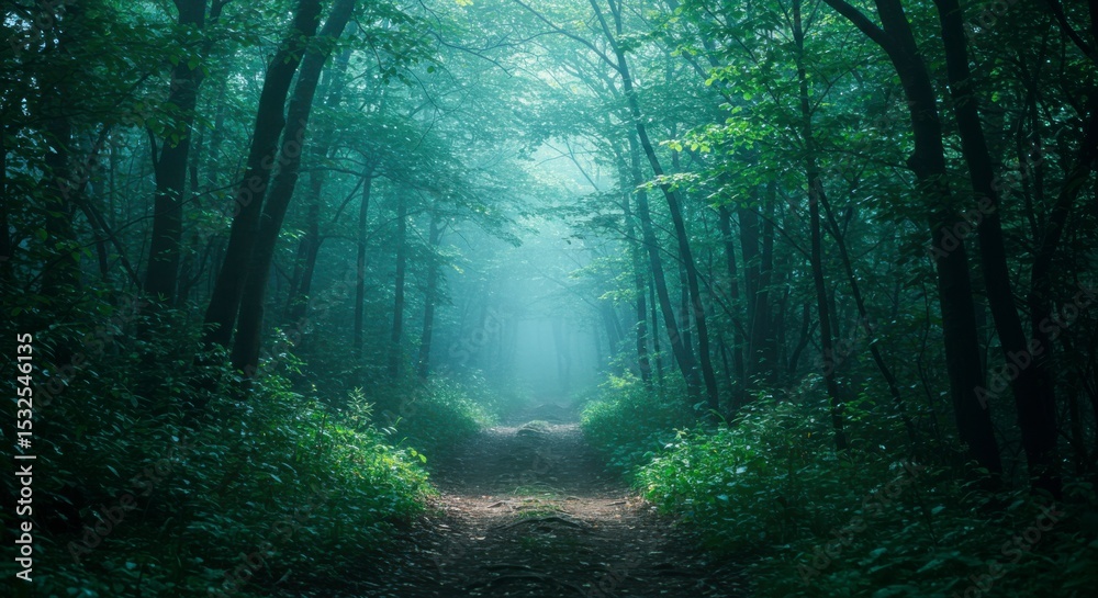 Obraz premium Misty forest path leads into an ethereal light