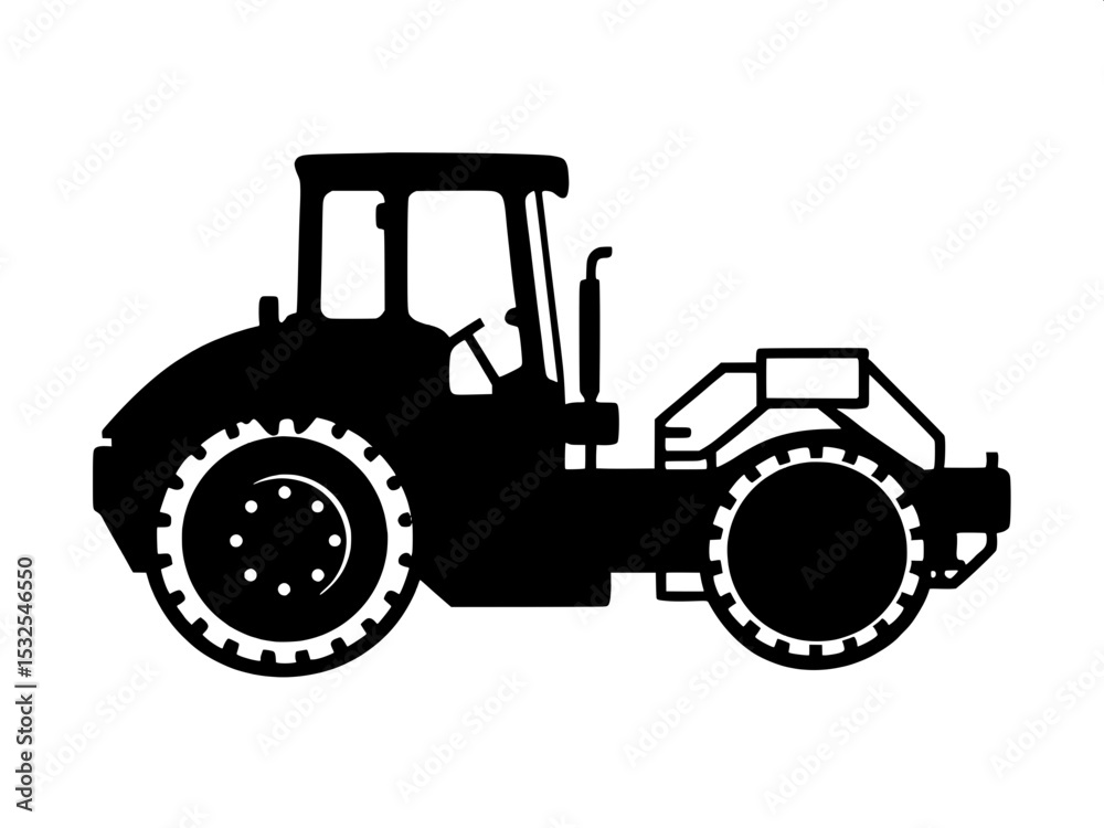 Obraz premium A black silhouette of a road roller, facing left, with its large front drum and rear wheels clearly outlined in a minimalist, white-background style.