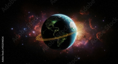 Earth encircled by ring in space