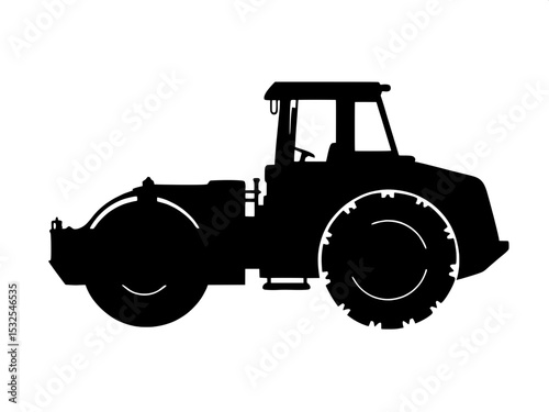 A black silhouette of a road roller, facing left, with its large front drum and rear wheels clearly outlined in a minimalist, white-background style.