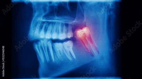 Dental X-ray showing lower right impacted wisdom tooth with severe decay, exposed nerve and swelling, highlighting dental pain, infection, inflammation and need for oral surgery treatment