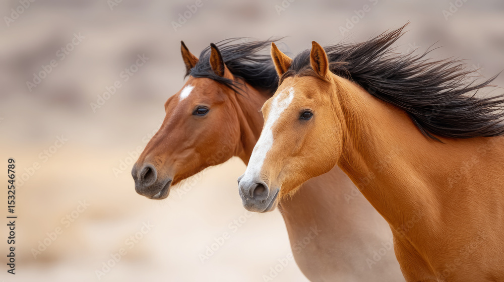 Obraz premium Dynamic scene of two horses racing neck and neck with windswept manes