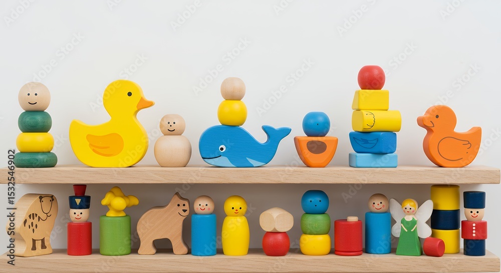 Obraz premium Colorful wooden toys on shelves
