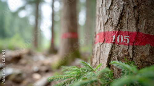 Marked trees in conservation zone with painted numbers for environmental management photo