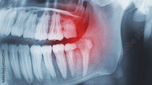 Dental X-ray showing lower right impacted wisdom tooth with severe decay, exposed nerve and swelling, highlighting dental pain, infection, inflammation and need for oral surgery treatment