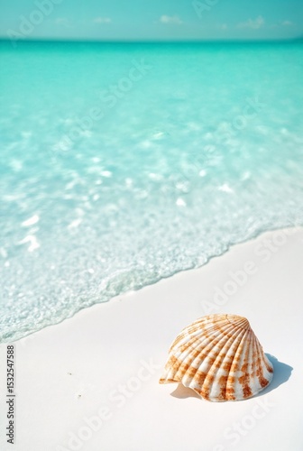 Seashell on Shores: A close-up of a seashell rests gracefully on a sun-kissed shore. Capturing the tranquility of coastal paradise, the clear turquoise waters gently caress the shoreline.