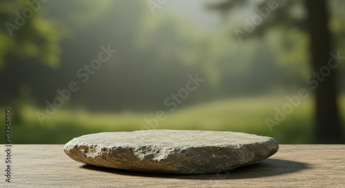 Natural stone slab atop wooden surface, tranquil forest backdrop