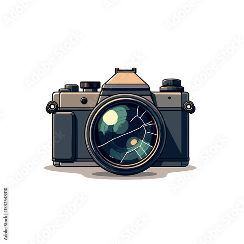 Illustration of a Vintage Camera with a Cracked Lens, Representing Damage and Technological Obsolescence