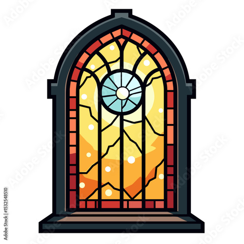 Cartoon Stained Glass Window Illustration with Geometric Design and Warm Yellow Light
