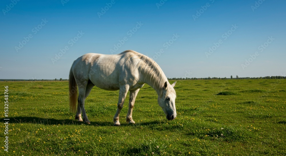 Obraz premium A white horse grazes in a lush green field under a clear blue sky