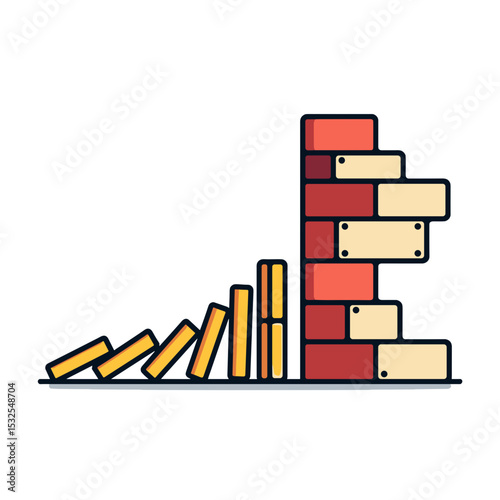 Domino Effect Illustration: Falling Dominoes Leading to a Brick Wall, Representing Failure and Challenges