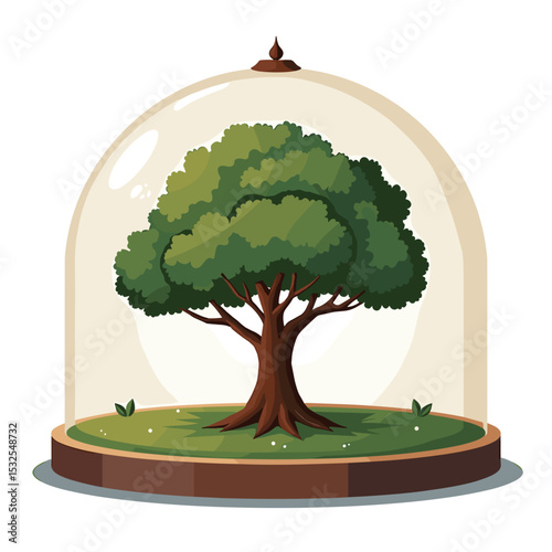 Isolated Tree Under a Glass Dome, Representing Preservation and Environmental Protection, Vector Illustration
