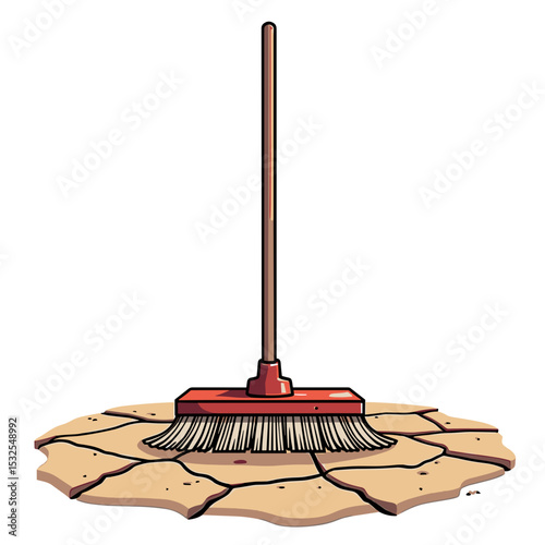 Illustration of a Red Broom on Cracked Earth, Depicting Environmental Issues and Cleanliness
