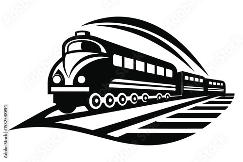 Black and White Graphic Illustration of Vintage Steam Train on Tracks with Motion Lines