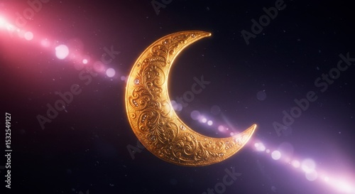 Ornate gold crescent moon against a starry night sky, with light flares