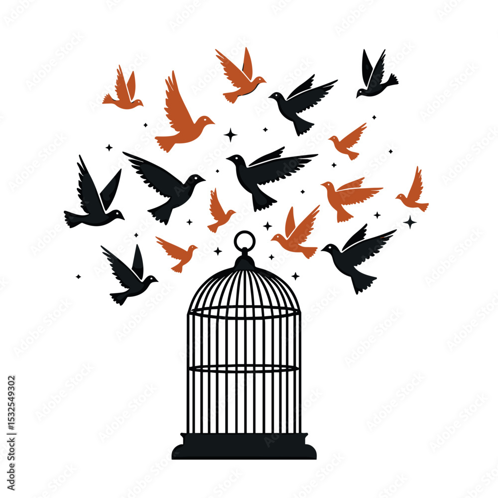Fototapeta premium Birds Flying Out of a Birdcage: A Symbol of Freedom and Liberation Illustration