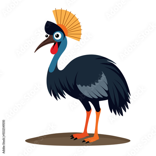 Cartoon Illustration of a Cassowary Bird with Bright Colors and a Playful Expression Standing on the Ground