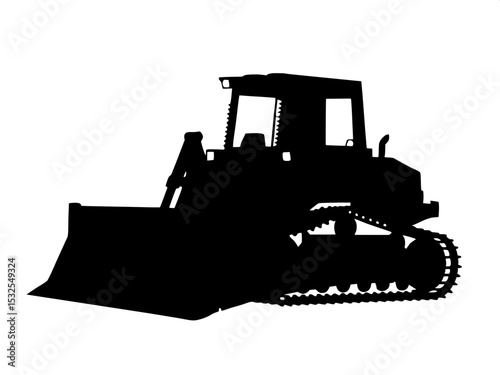 A frontal silhouette of a bulldozer, with the blade facing the viewer, tracks fanning out beneath, rendered in stark black on white with no shading or lighting.