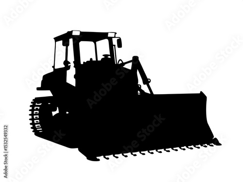 A frontal silhouette of a bulldozer, with the blade facing the viewer, tracks fanning out beneath, rendered in stark black on white with no shading or lighting.