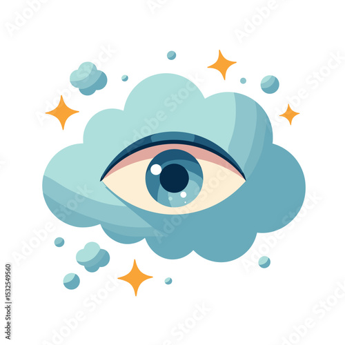 Abstract Eye in a Cloud with Stars Vector Illustration, Dreamy and Symbolic Design
