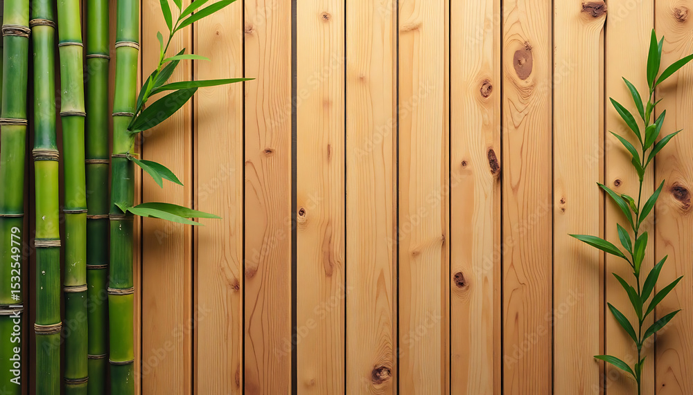 Obraz premium Bamboo and Green Plants on a Wooden Background, Natural and Peaceful Scene