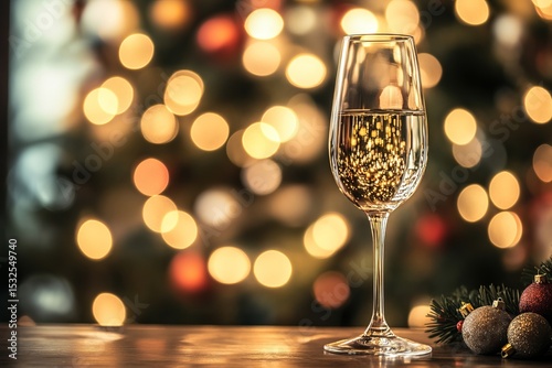 Elegant glass of champagne with festive bokeh lights and Christmas ornaments, creating a warm and celebratory holiday atmosphere