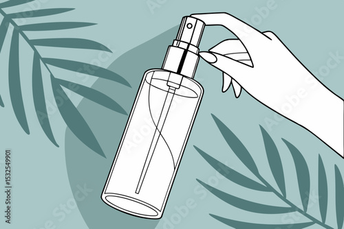 Minimalist cosmetic spray bottle held by hand with leaf background design