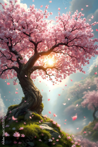 Cherry blossom tree in magical sunrise