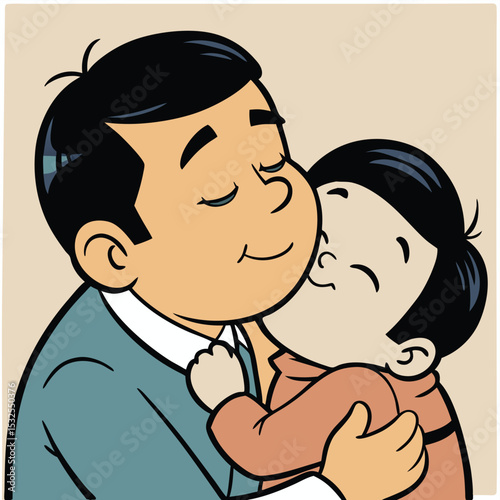 A tender forehead kiss from father to child, showing deep love and a gentle, comforting connection.