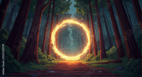 Enchanted forest with glowing circular portal surrounded by trees  