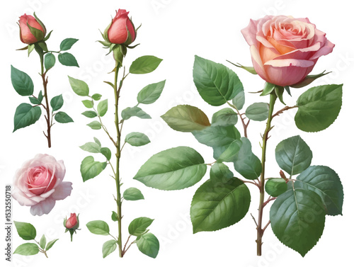 Pink roses in bloom a collection of graceful roses in watercolor style convert to vector