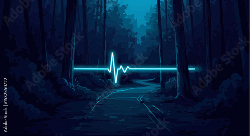 Flat vector art of a digital heartbeat line in a dark forest  