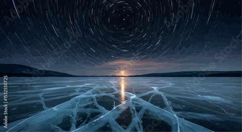 Night sky star trails over frozen lake with ice patterns in winter  