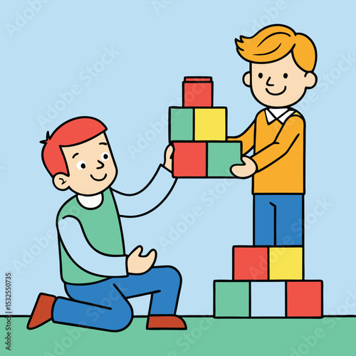 A father and child building a small tower with blocks, sharing a focused and creative moment of play.
