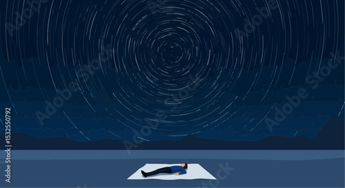 Man lying on blanket under starry night sky in a serene landscape  