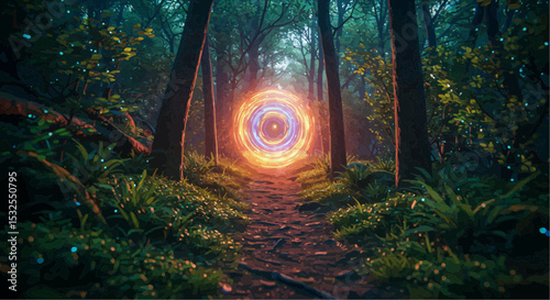 Enchanted forest pathway with glowing portal surrounded by trees  