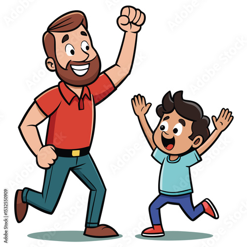 A father and child high-fiving vigorously, celebrating a fun and energetic moment of achievement.