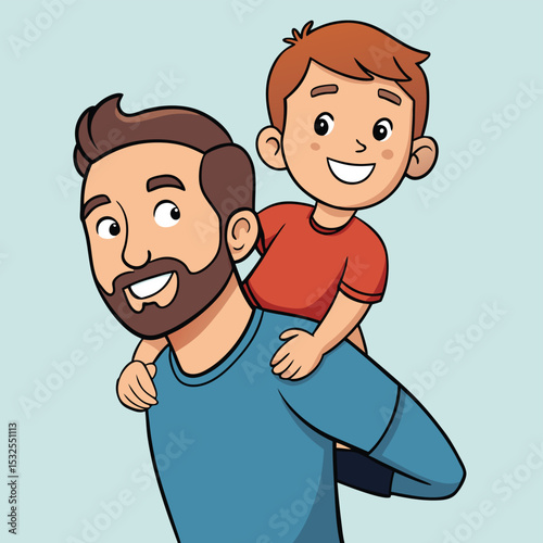 A happy father gives his child a piggyback ride, sharing a playful moment of laughter and adventure.