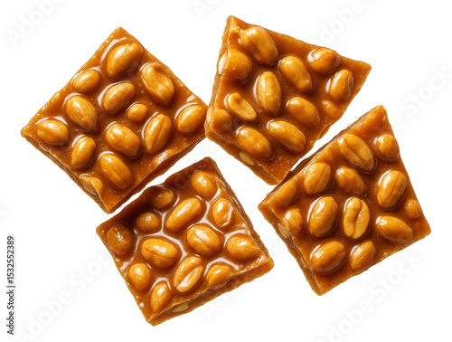 Four pieces of peanut brittle with whole peanuts embedded in a caramelized sugar base.