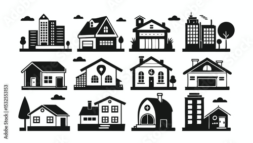 Collection of Black and White House and Building Silhouettes Cityscape, Residential, and Commercial Structures