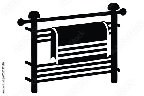 Black Towel Rack with Striped Towel Silhouette, Bathroom Accessory Illustration, Isolated View