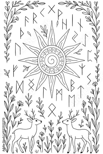 Hand drawn noble deers in the forest in line art contour style, isolated vector illustration, Norse magic runes, Icelandic symbols with Sun in folk style