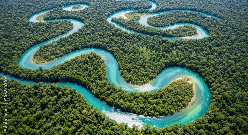 Fototapeta premium Aerial view of a winding blue river meandering through a dense tropical rainforest