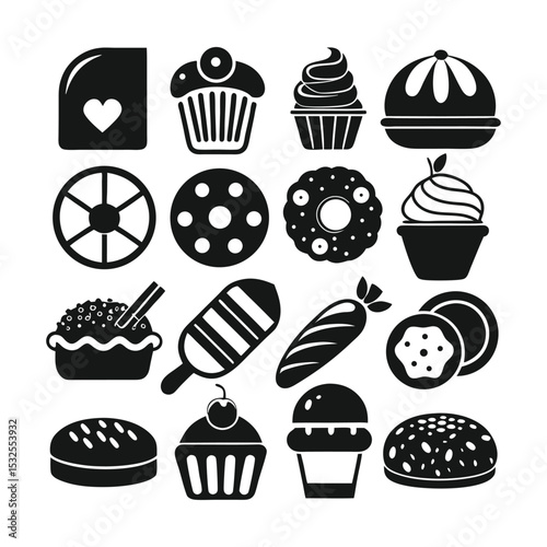 Collection of Delicious Food Icons Cakes, Cupcakes, Pastries, and More - Perfect for Bakery Websites and Food Blogs